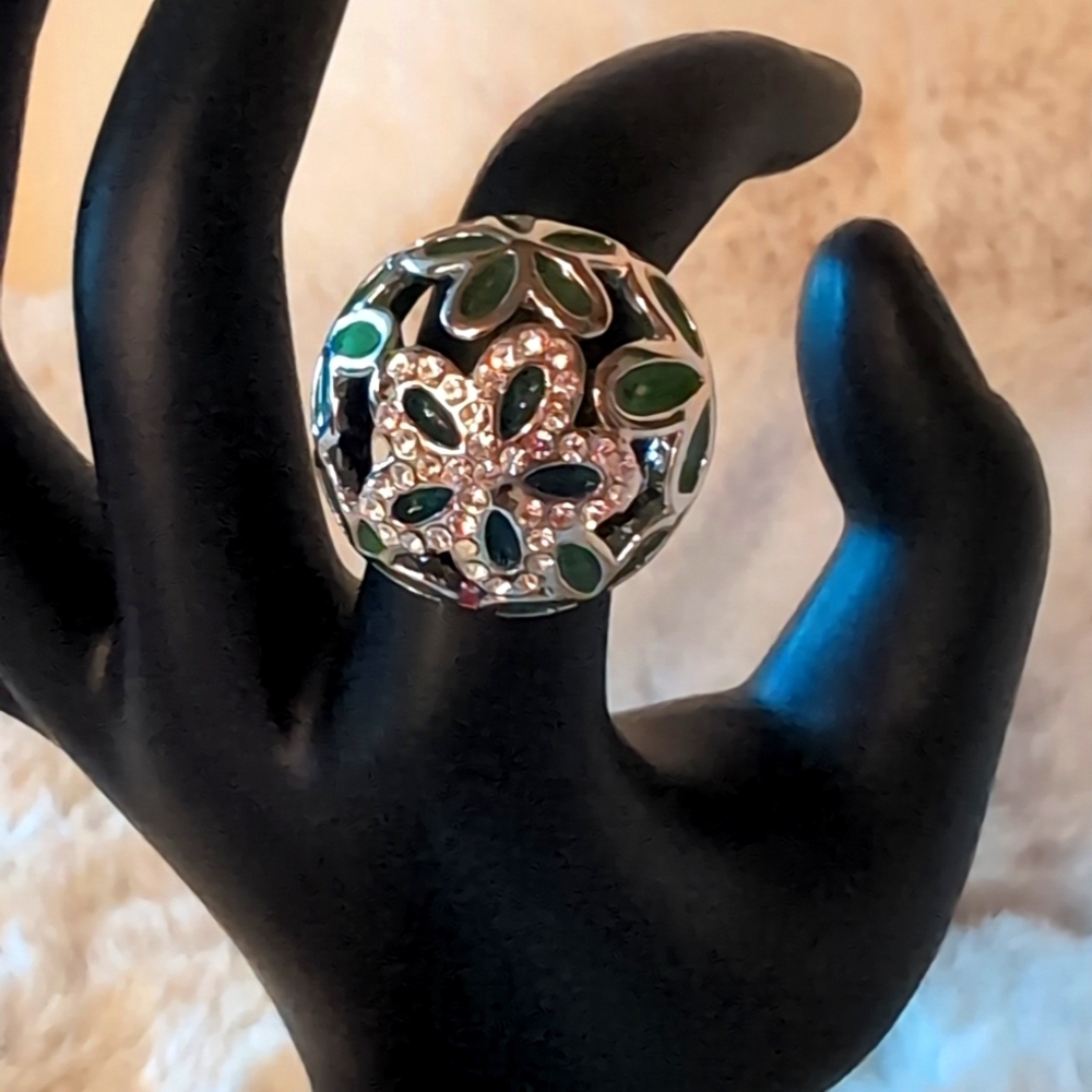 Silver Toned Blue & Green Floral Dome Ring Detailed with Encrusted Stones